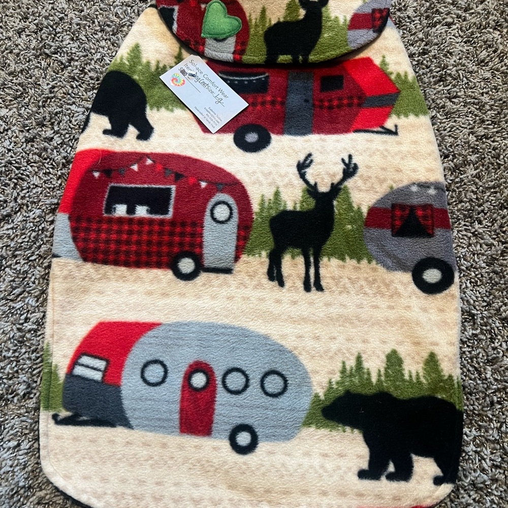 Cozy Fleece Dog Coat with Fun Animal and Camper Design